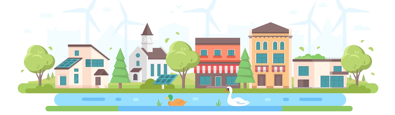 Eco-friendly cityscape - modern flat design style vector illustration energia odnawialna fotowoltaika